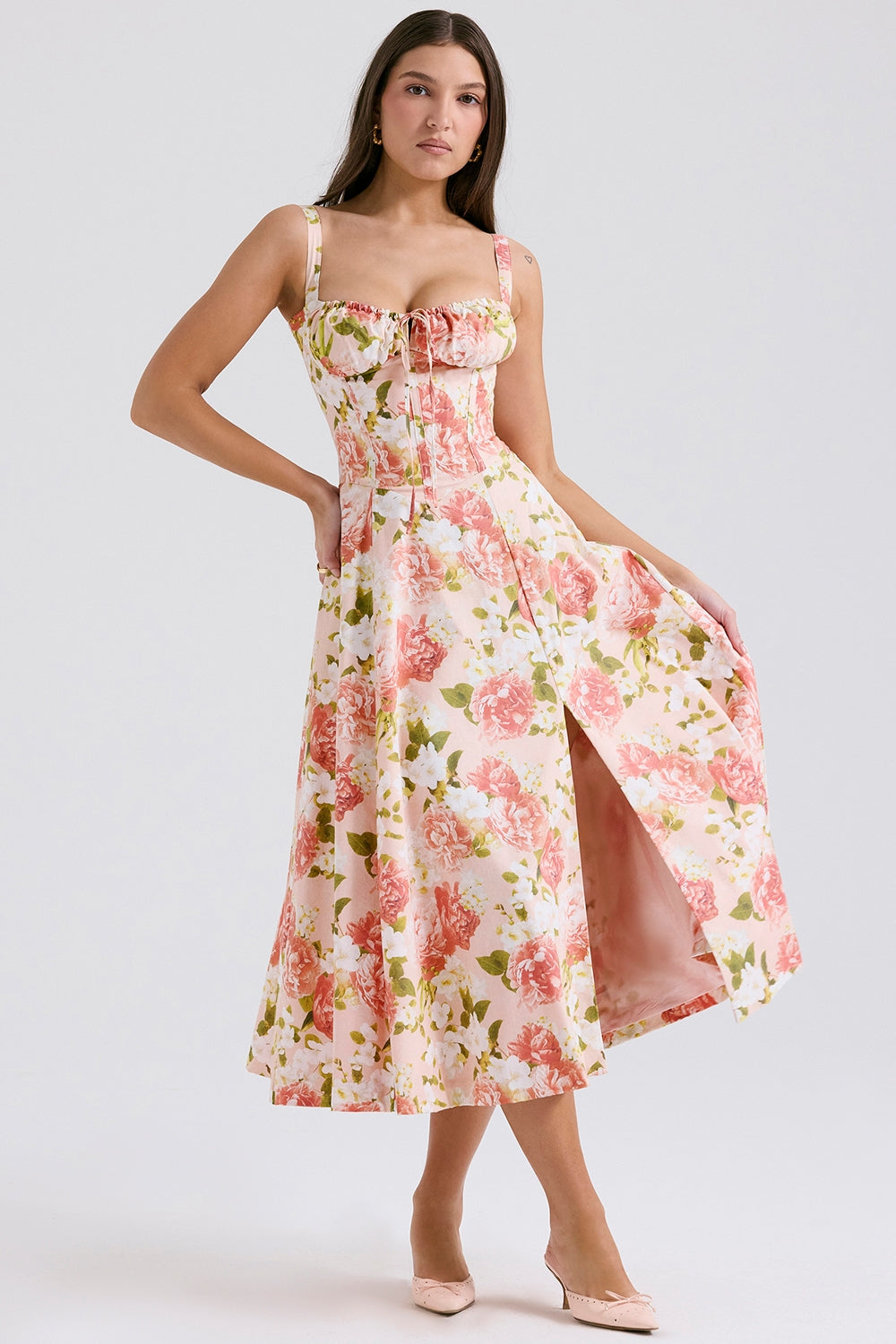 Pink Peony Lace-Up Midi Dress Women UK – Garden Party, Date Night Casual