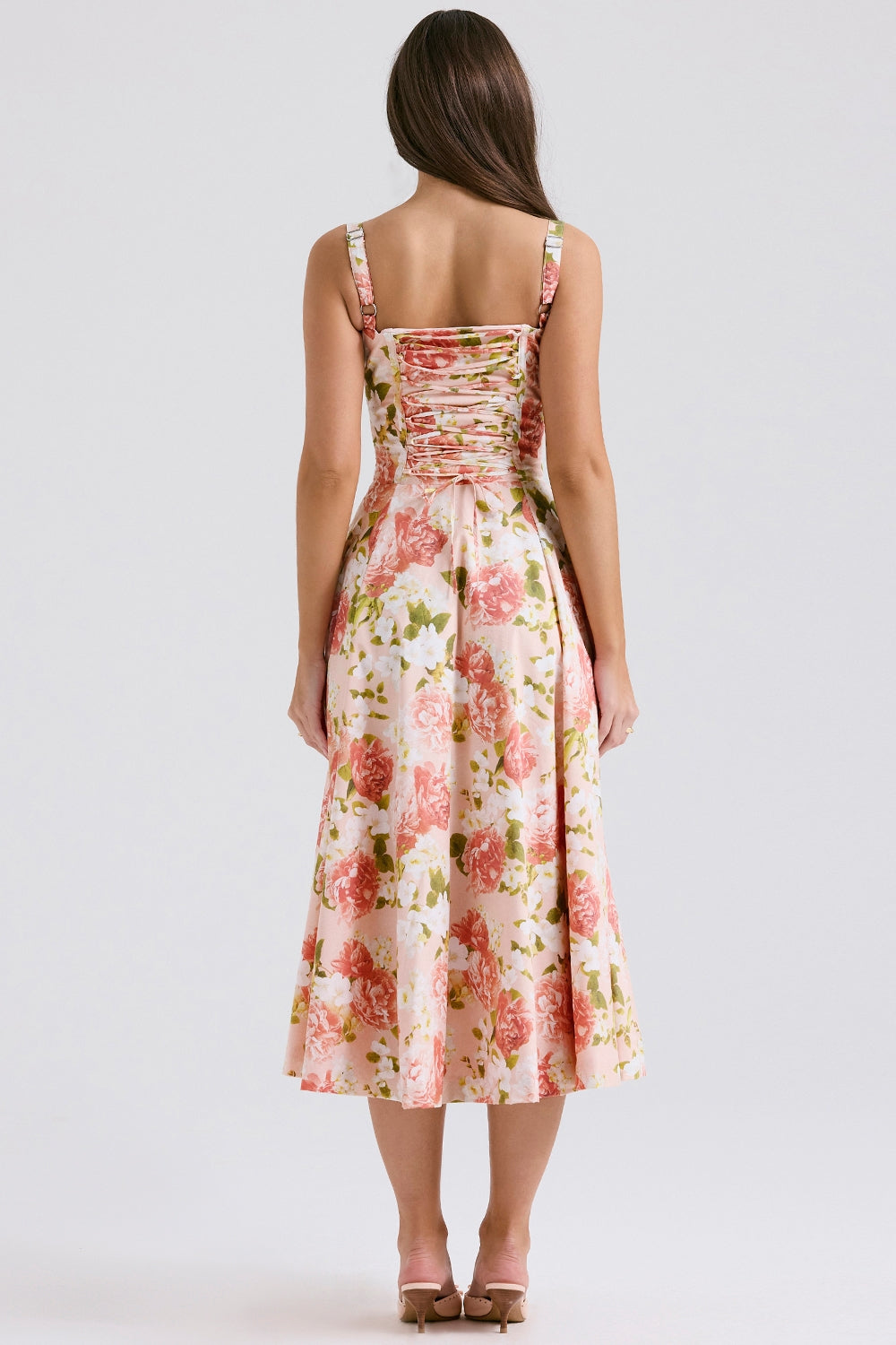 Pink Peony Lace-Up Midi Dress Women UK – Garden Party, Date Night Casual