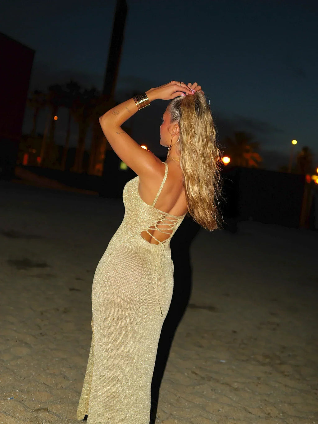 Metallic Knit Maxi Dress with Lace-Up Back and Thigh-High Slit for Evening Events