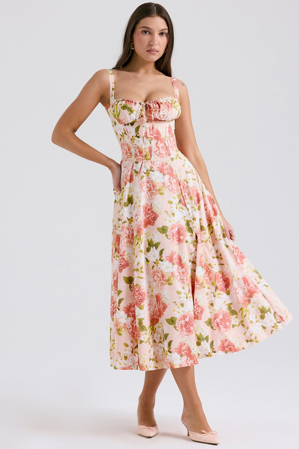Pink Peony Lace-Up Midi Dress Women UK – Garden Party, Date Night Casual