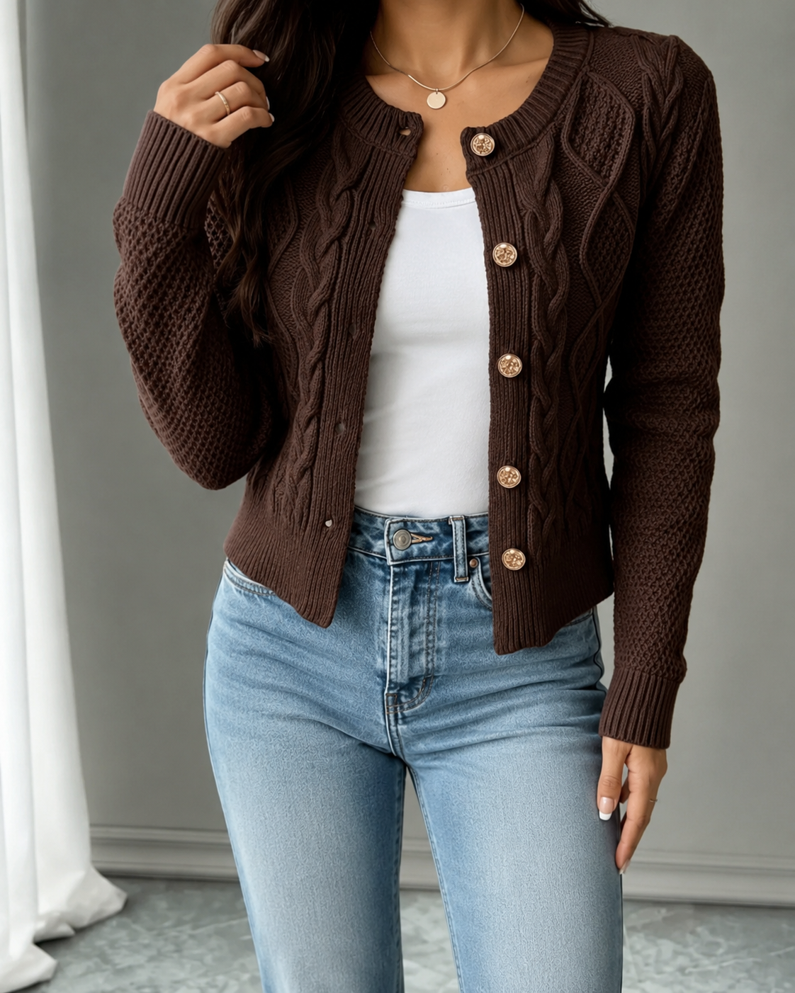 Office Chic – Soft Cable-Knit Button-Front Cardigan