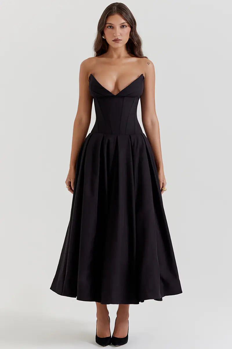 Black Pleated Boned Midi Dress Women UK – Romantic Silhouette Wedding Guest Evening Gown, Cocktail