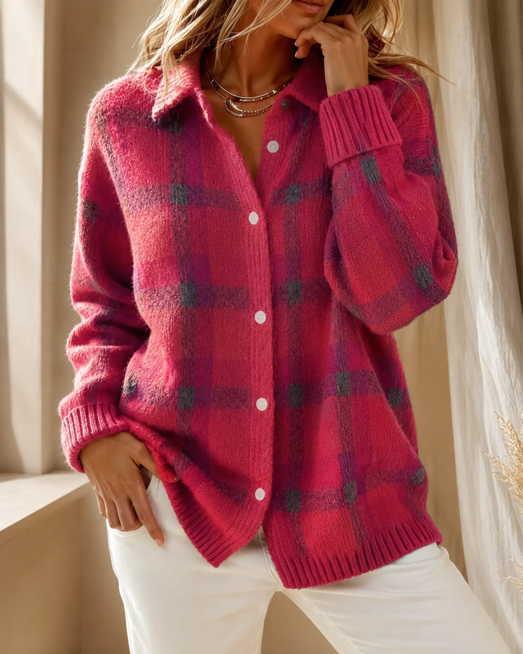Chic Layering Essential – Checkered Longline Cardigan