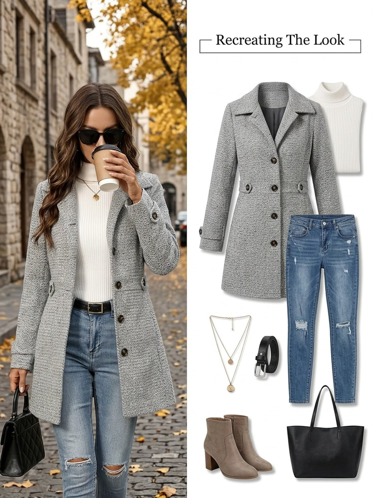 Herringbone Coat | Waist-Defining Design | Women's Outerwear