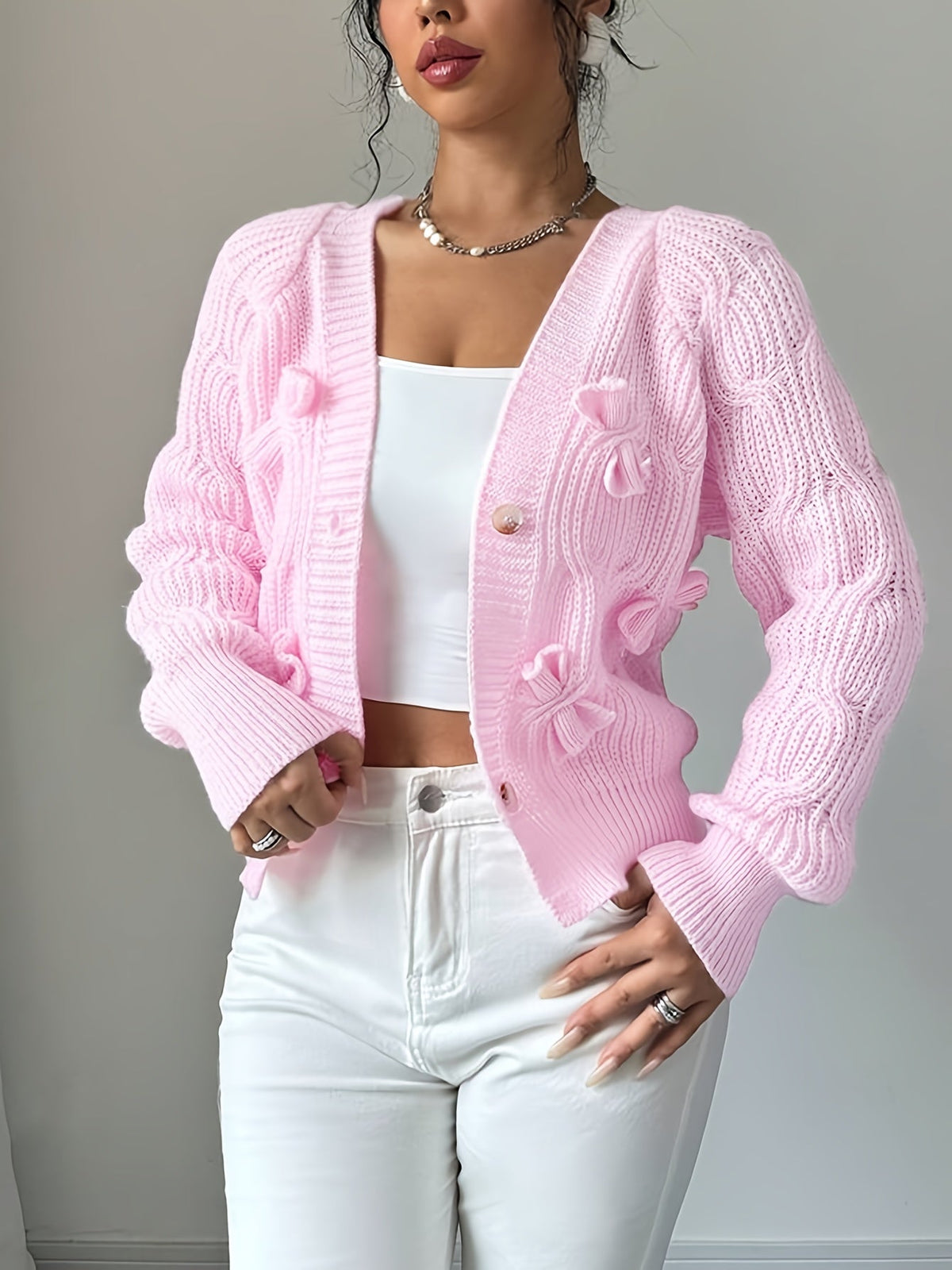 Soft Bow-Detail Long Sleeve Cardigan in Comfortable Knit for Casual Wear