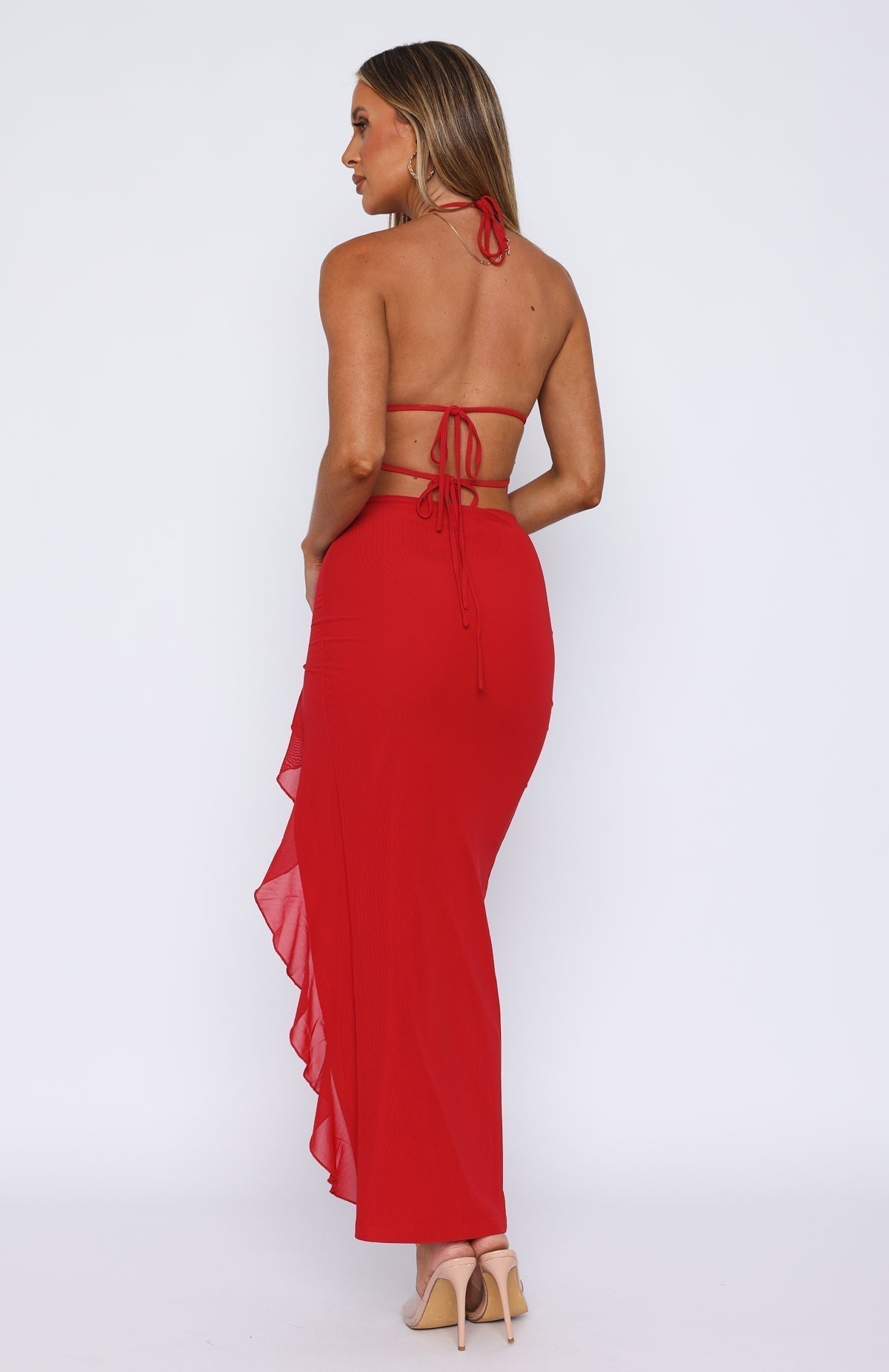 Plunge Neck Ruffled Maxi Dress with Thigh-High Slit for Evening Events