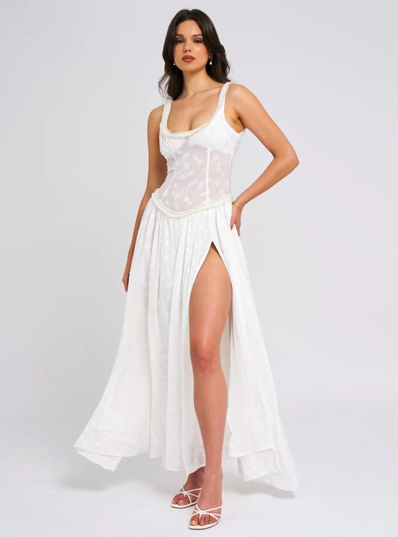 Floral Maxi Dress with High Slit - Ruched Design for Special Occasions