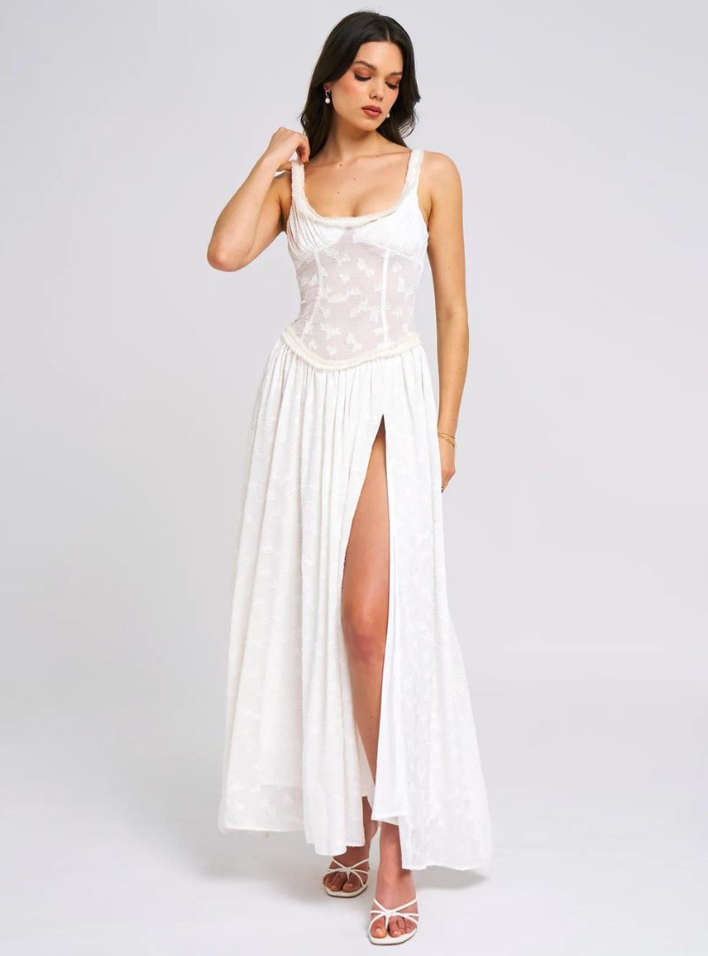 Floral Maxi Dress with High Slit - Ruched Design for Special Occasions