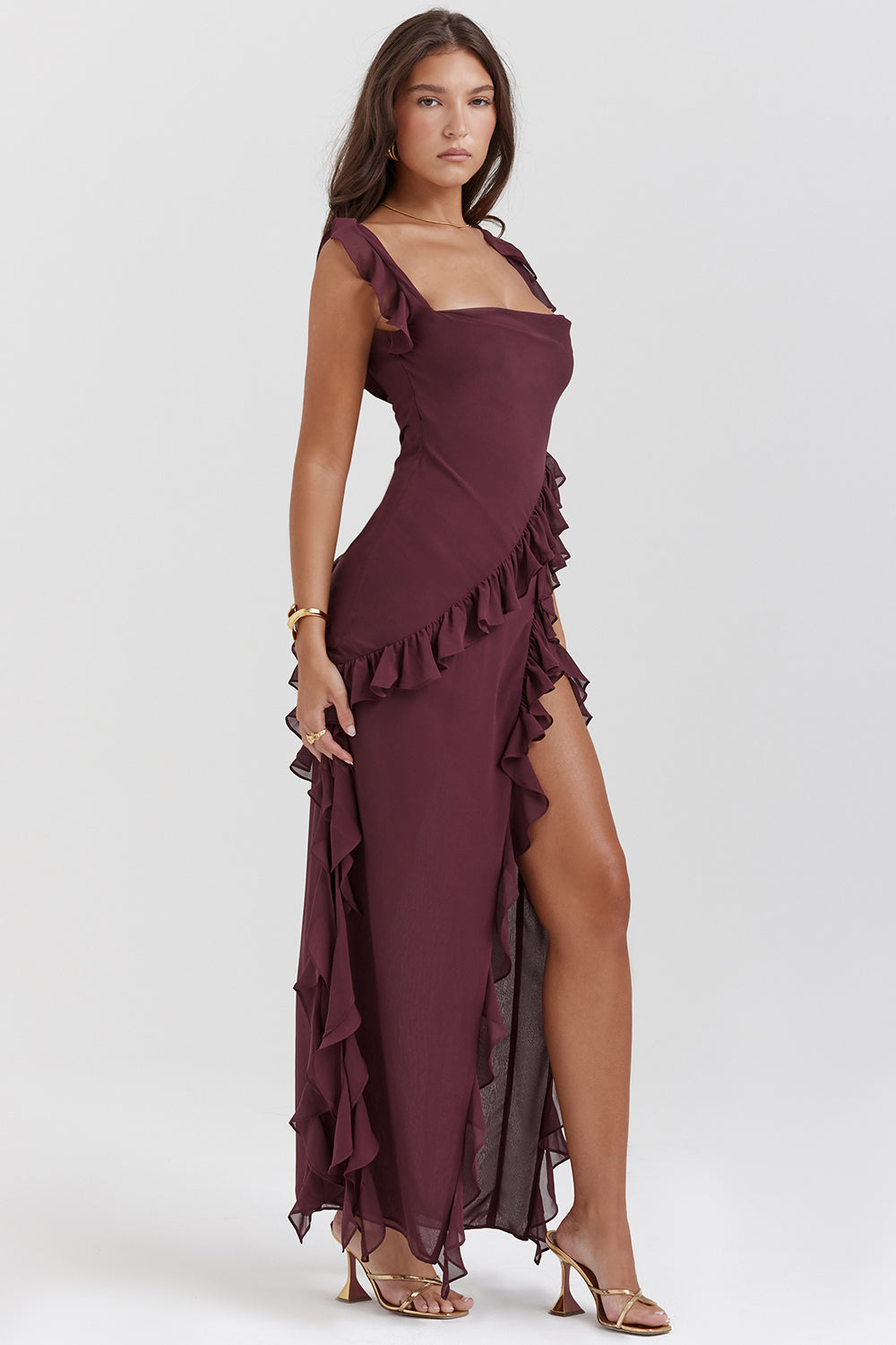 Square Neck Ruffle Maxi Dress with Thigh-High Slit for Evening Events