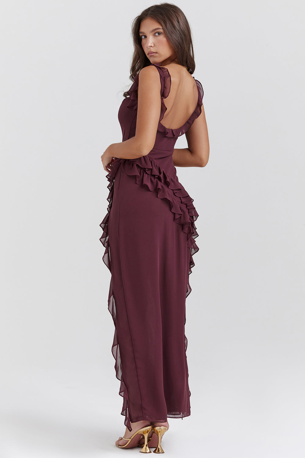Square Neck Ruffle Maxi Dress with Thigh-High Slit for Evening Events