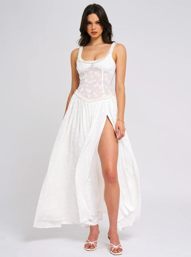 Floral Maxi Dress with High Slit - Ruched Design for Special Occasions