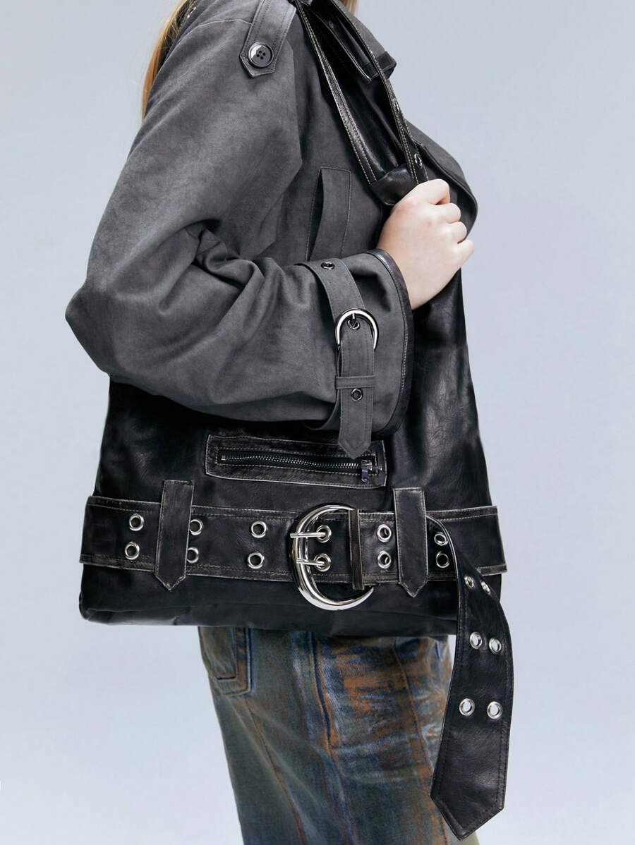 Black Luxe Faux Leather Hobo Bag Women UK – Distressed Handbag for Everyday Use, Smart Casual & Evening