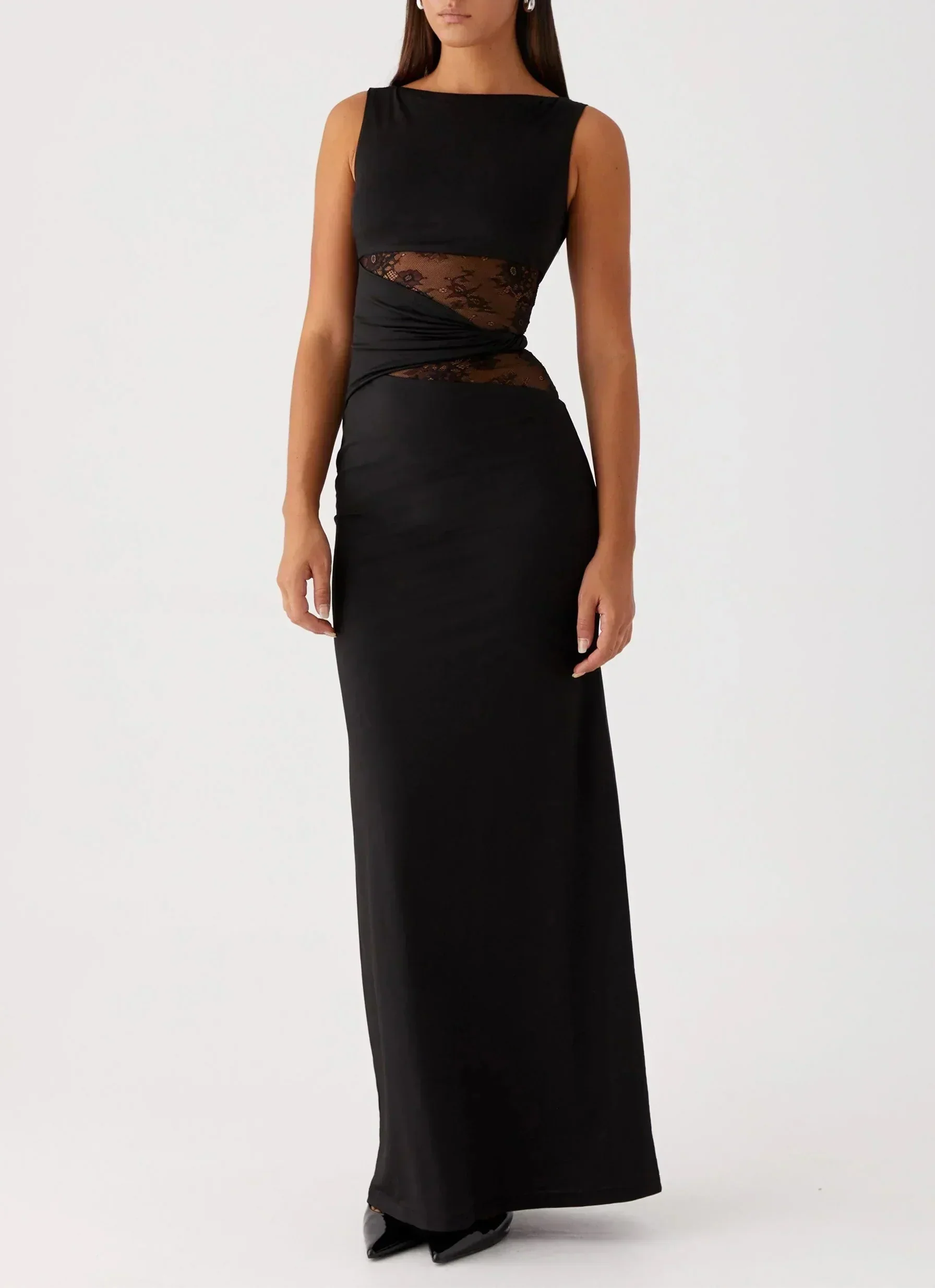 Black Lace Cutout Maxi Dress Women UK – Elegant Evening Gown, Formal Occasion