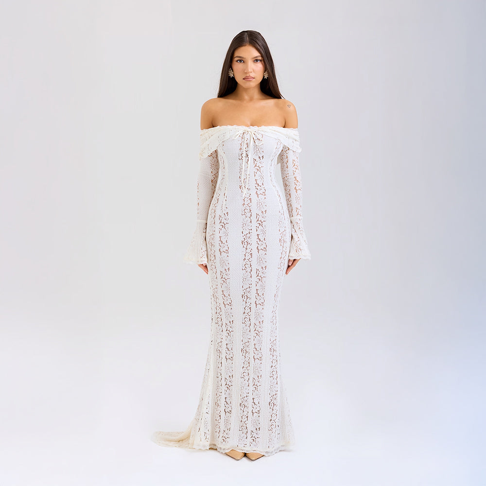 Off-Shoulder Lace Maxi Dress with Bell Sleeves for Formal Events and Weddings