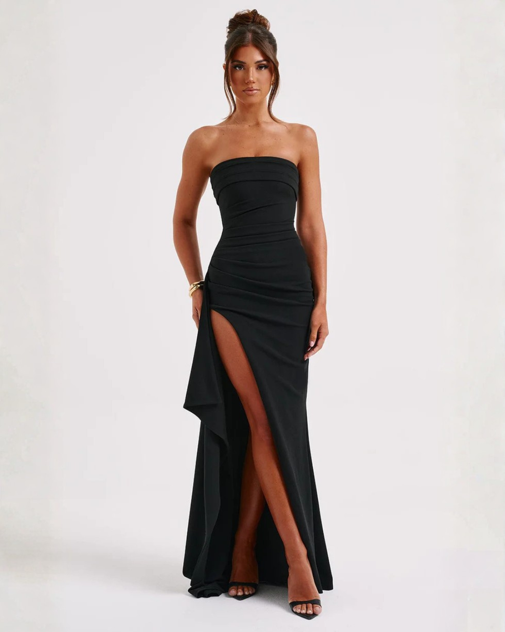 Crepe Strapless Maxi Dress Women UK – Thigh-High Split Formal Occasion Evening Gown