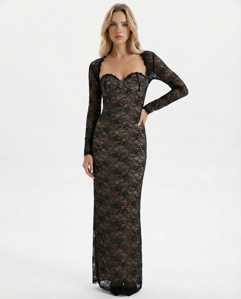 Floral Lace Maxi Dress with Detachable Sleeves for Evening Events