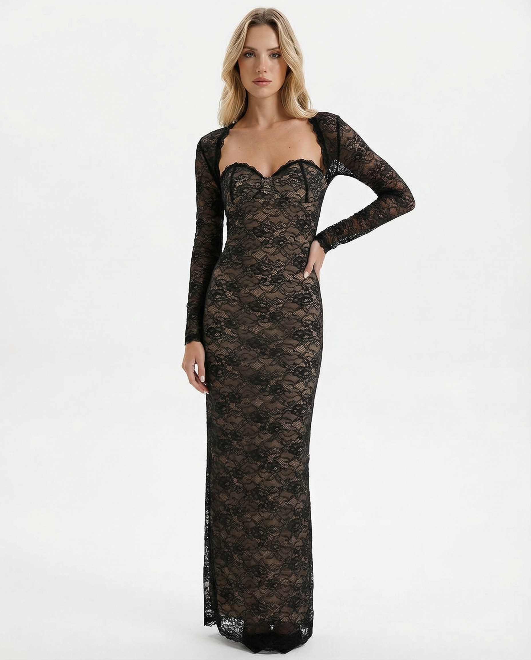 Floral Lace Maxi Dress with Detachable Sleeves for Evening Events