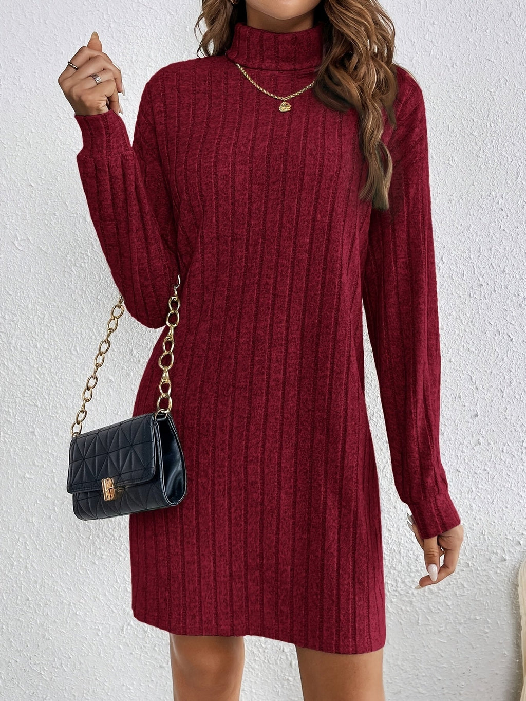 Ribbed Turtleneck Sweater Dress in Knit Fabric for Casual Fall Outfits