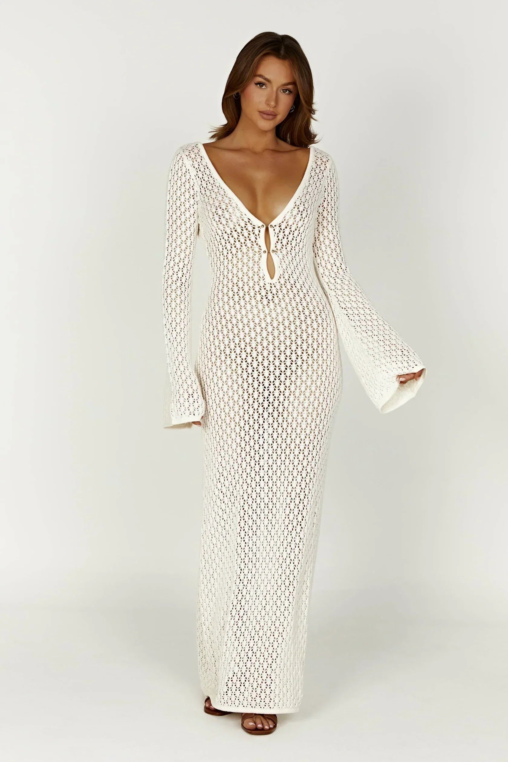 Flared Sleeve Open-Knit Maxi Dress | Lightweight Summer Casual Wear