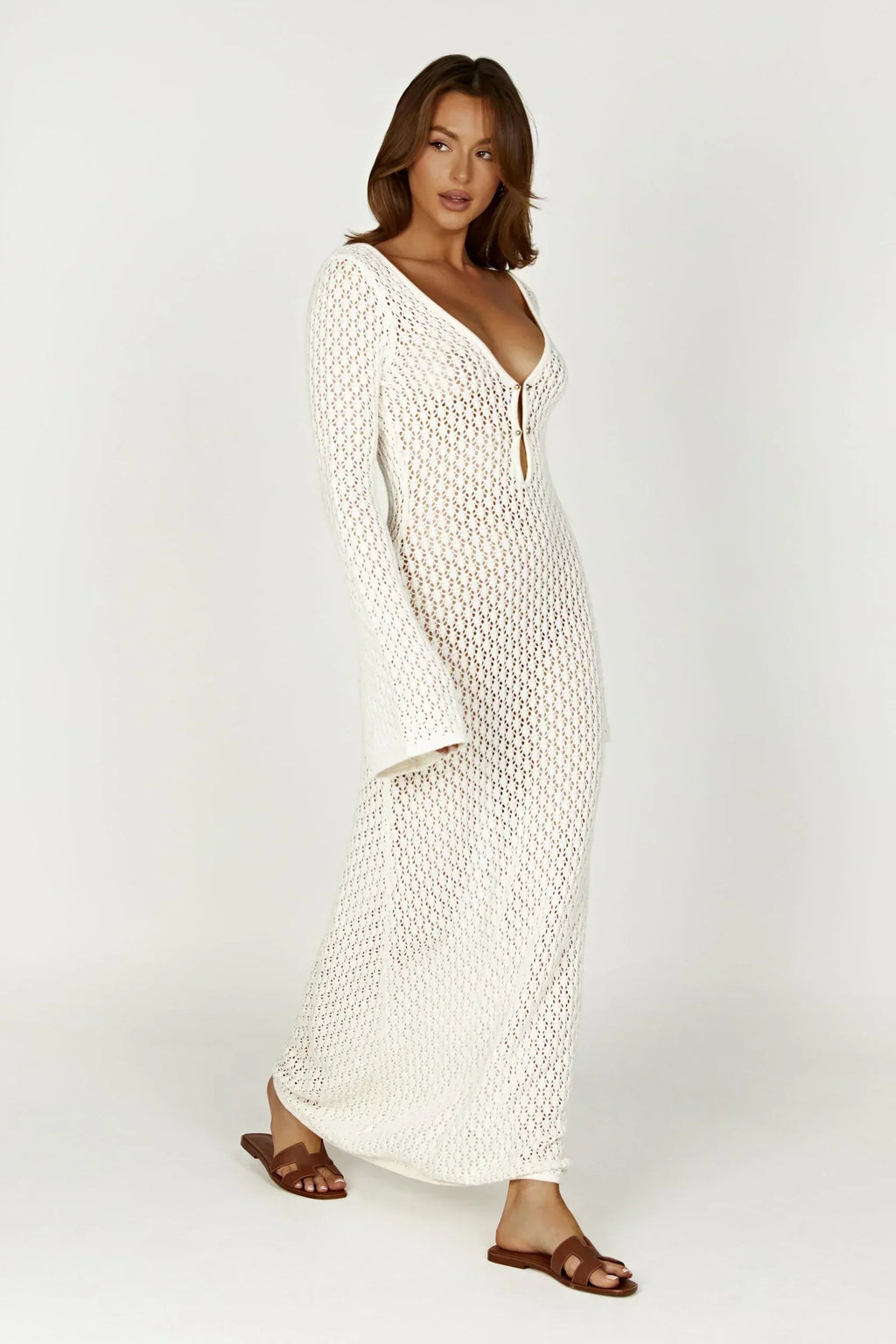 Flared Sleeve Open-Knit Maxi Dress | Lightweight Summer Casual Wear