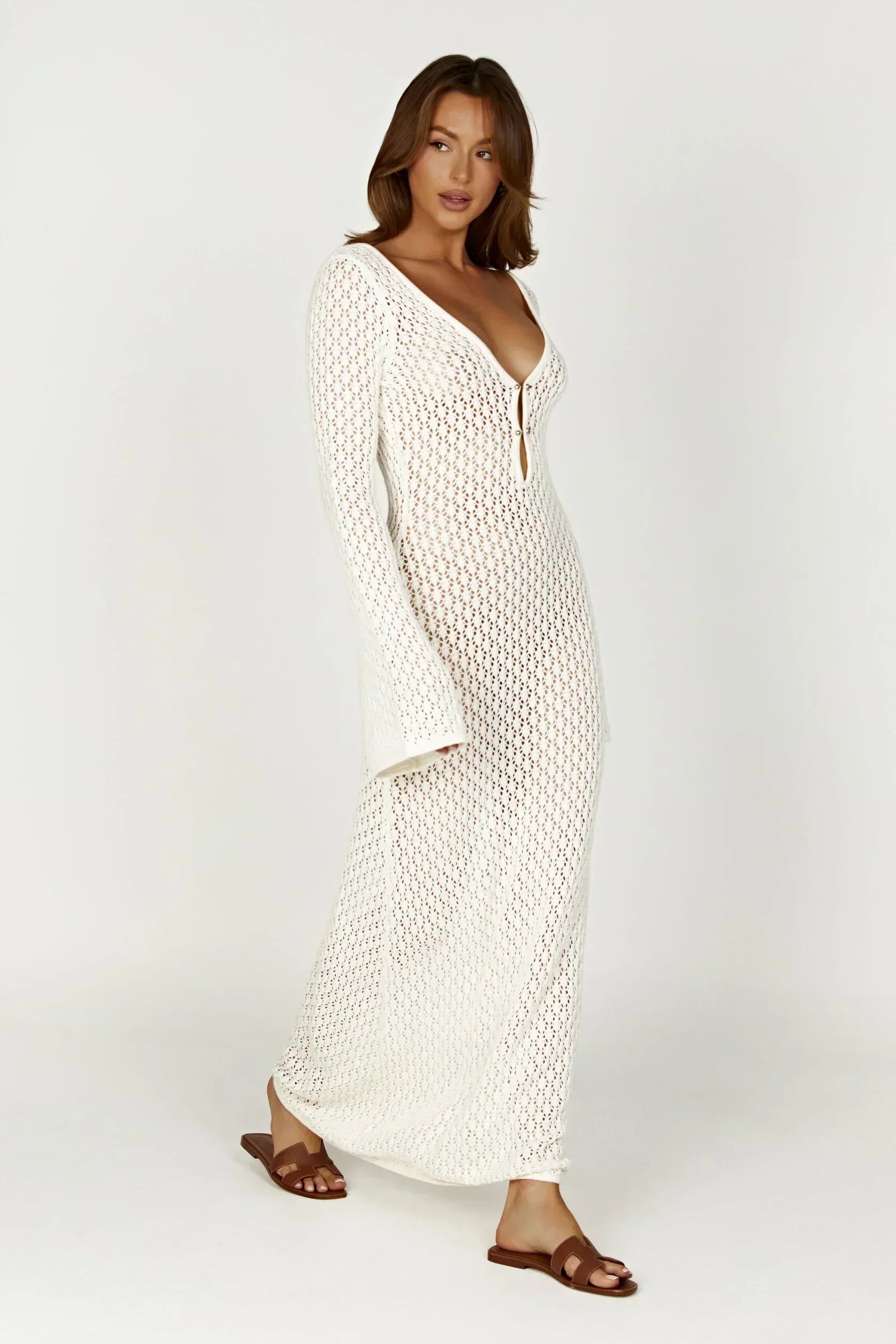 Flared Sleeve Open-Knit Maxi Dress | Lightweight Summer Casual Wear