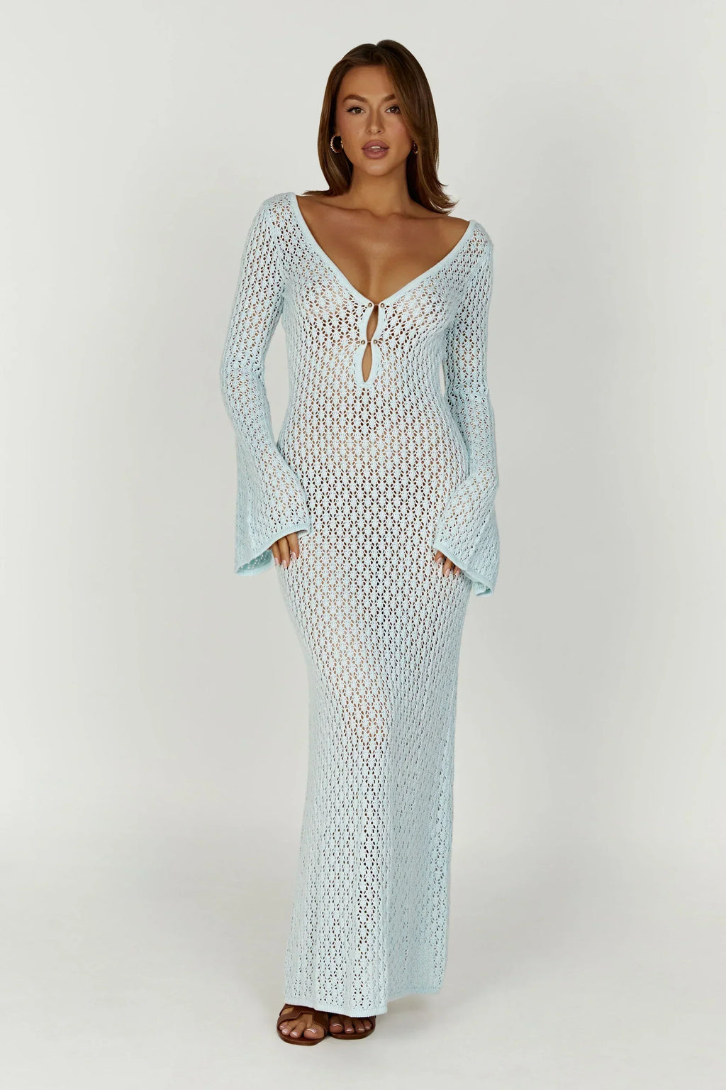 Flared Sleeve Open-Knit Maxi Dress | Lightweight Summer Casual Wear