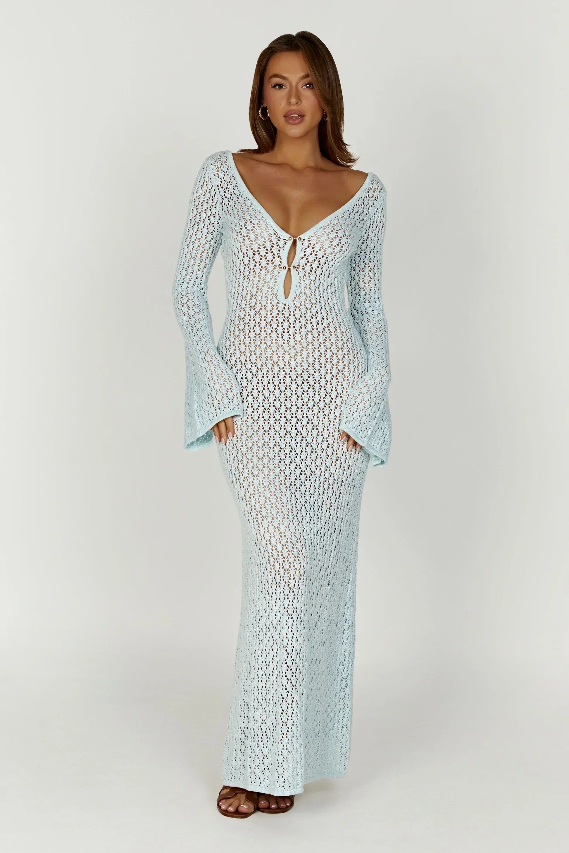 Flared Sleeve Open-Knit Maxi Dress | Lightweight Summer Casual Wear