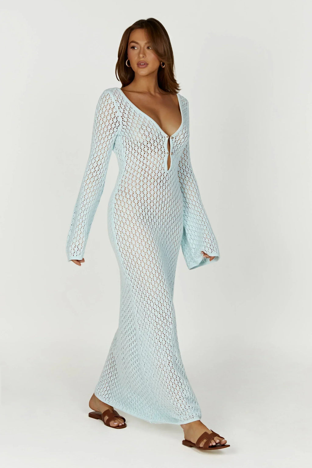 Flared Sleeve Open-Knit Maxi Dress | Lightweight Summer Casual Wear