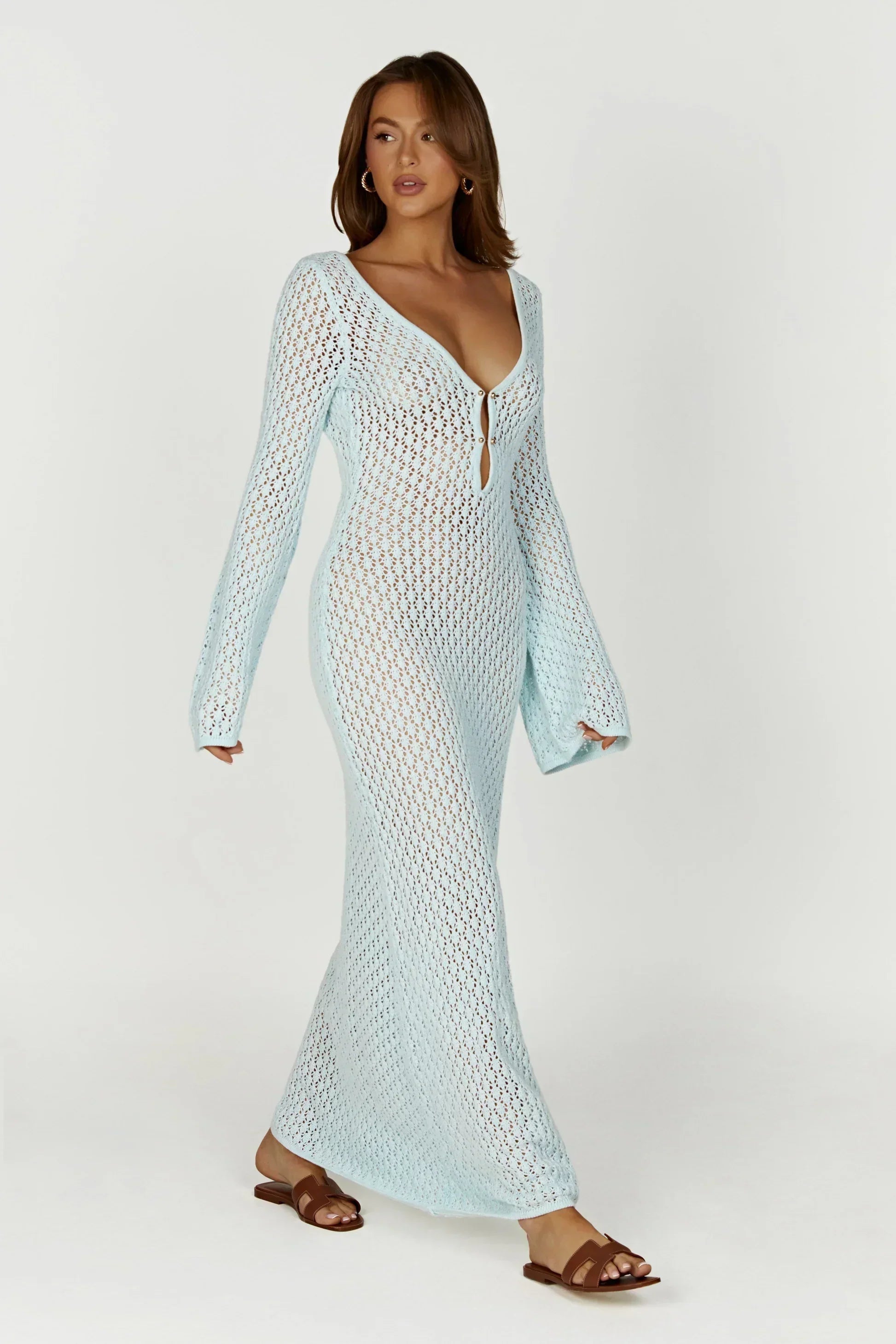 Flared Sleeve Open-Knit Maxi Dress | Lightweight Summer Casual Wear