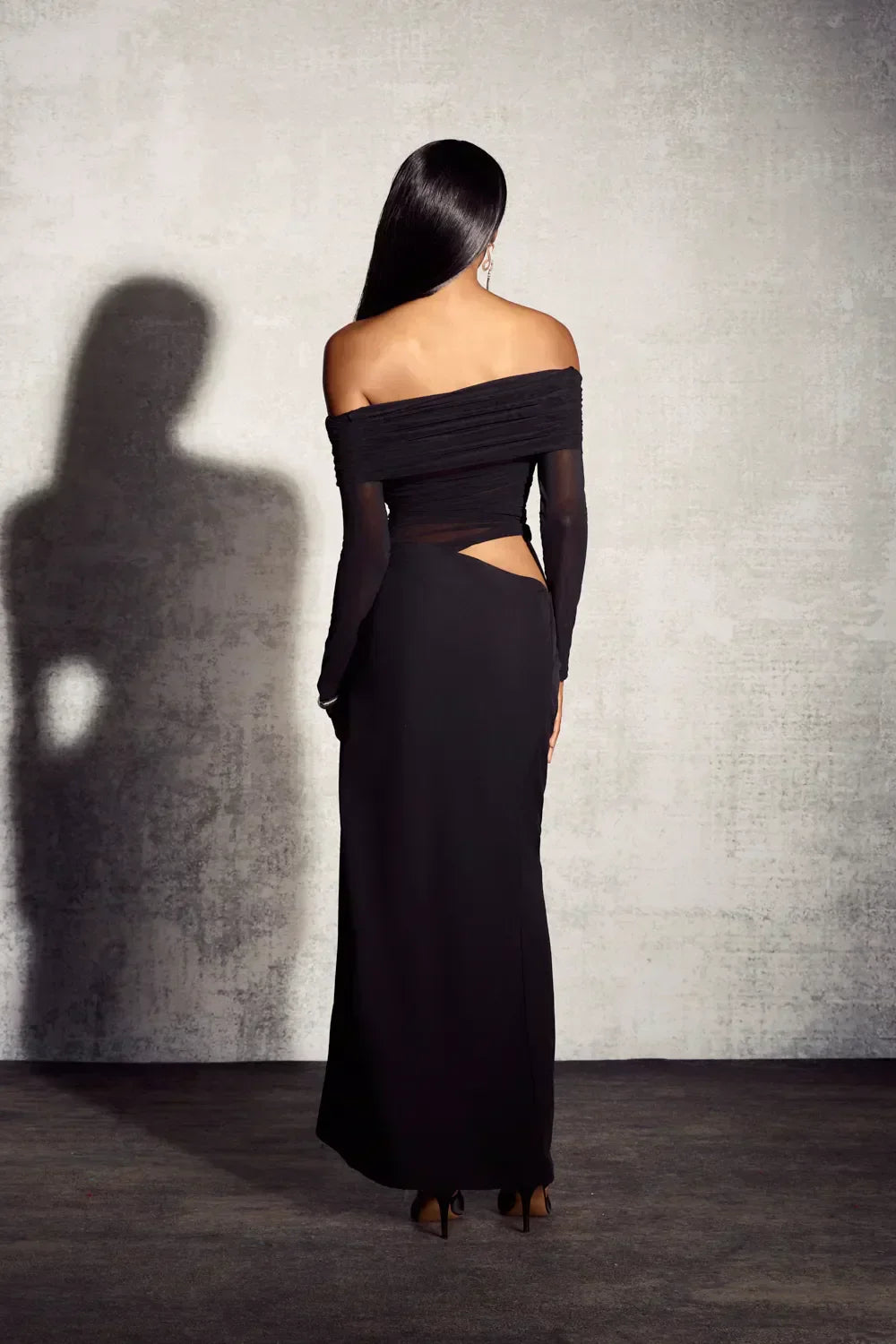 Off-Shoulder Sheer Mesh Cowl Maxi Dress for Evening Events and Parties