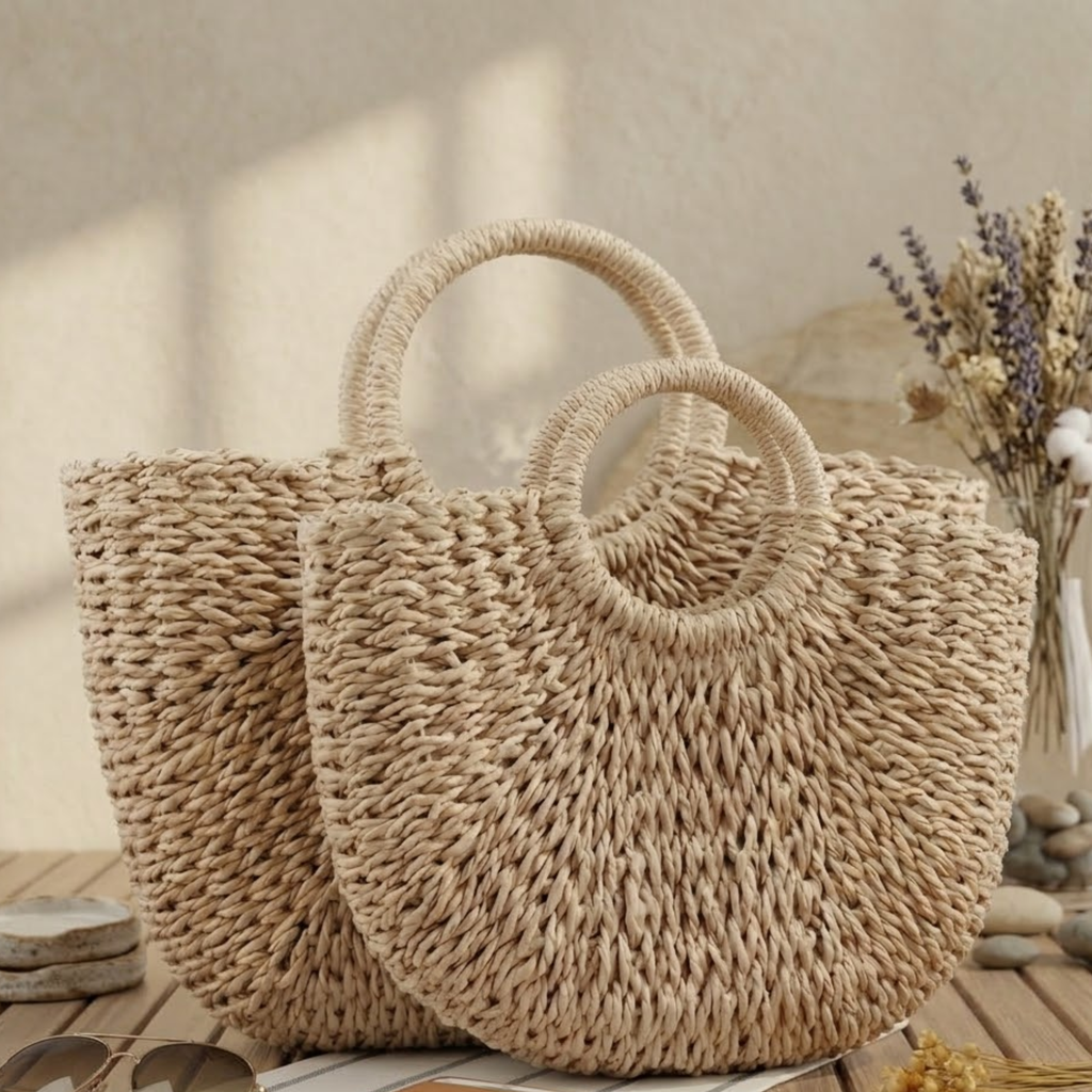 Handmade Moon-Shaped Straw Beach Tote Women UK – Eco-Friendly Summer Bag, Holiday Outfit Resort Wear