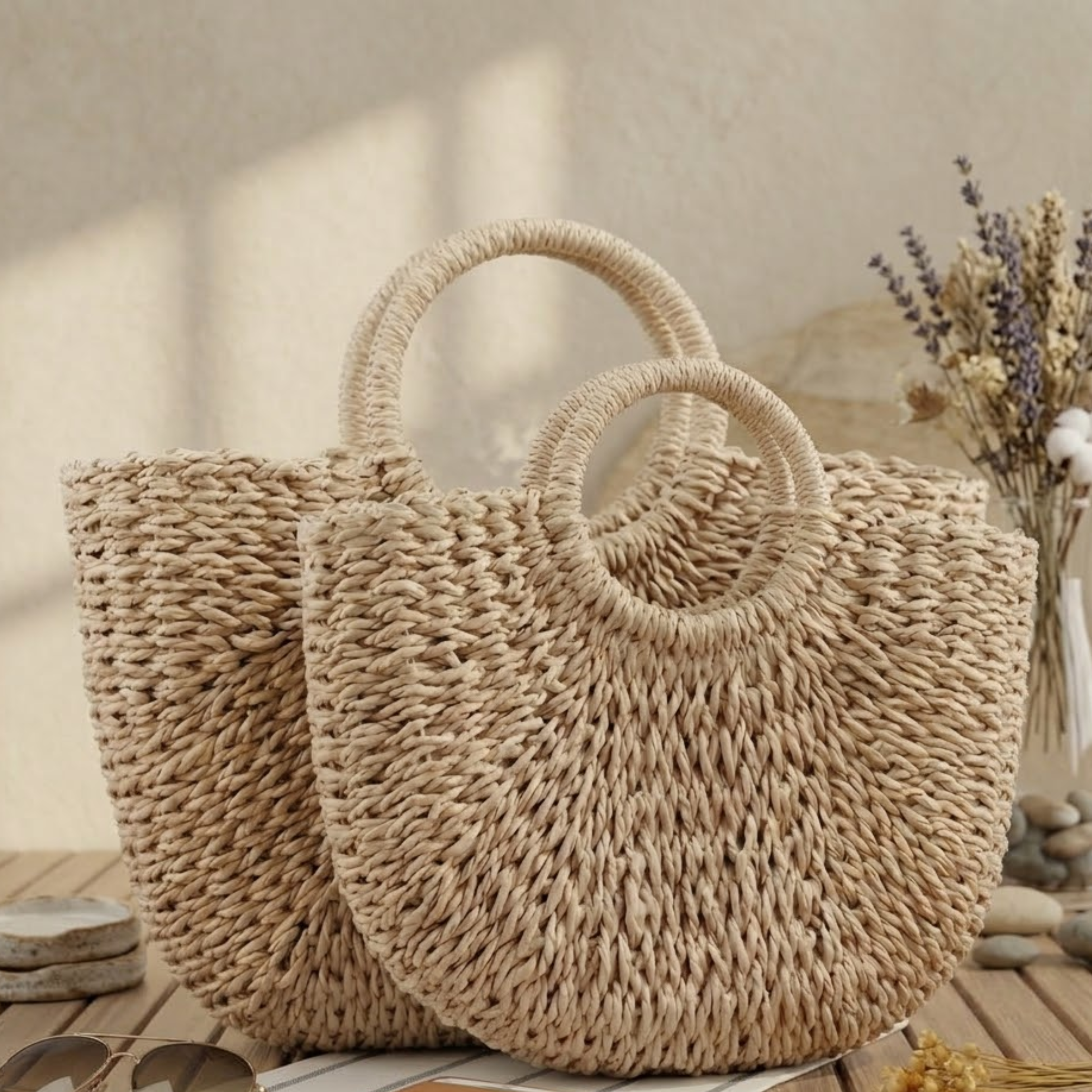 Handmade Moon-Shaped Straw Beach Tote Women UK – Eco-Friendly Summer Bag, Holiday Outfit Resort Wear