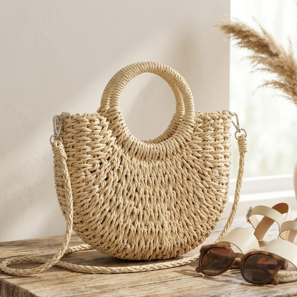 Handmade Moon-Shaped Straw Beach Tote Women UK – Eco-Friendly Summer Bag, Holiday Outfit Resort Wear