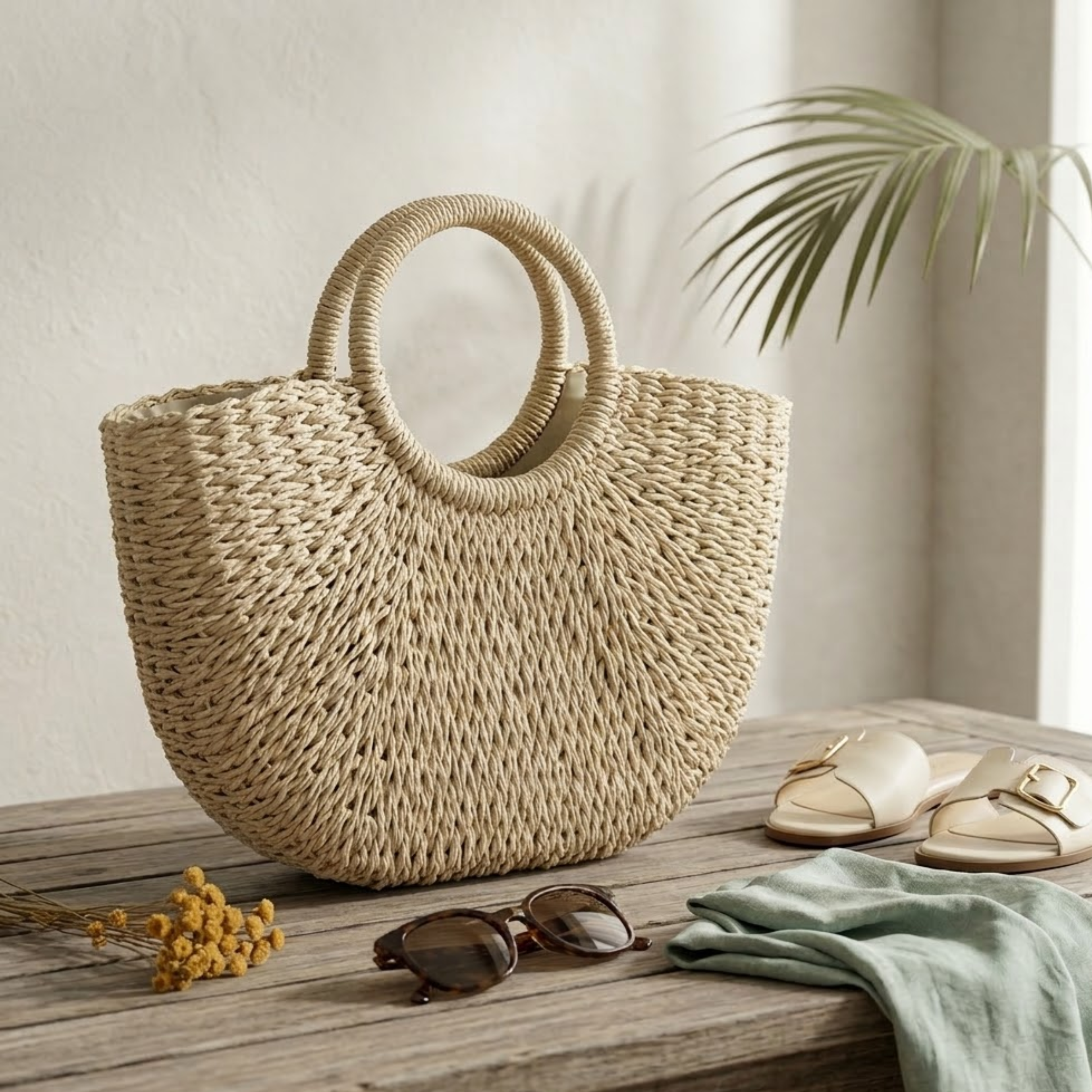 Handmade Moon-Shaped Straw Beach Tote Women UK – Eco-Friendly Summer Bag, Holiday Outfit Resort Wear