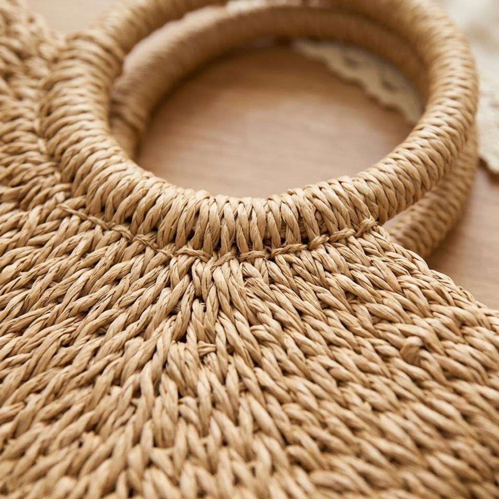 Handmade Moon-Shaped Straw Beach Tote Women UK – Eco-Friendly Summer Bag, Holiday Outfit Resort Wear