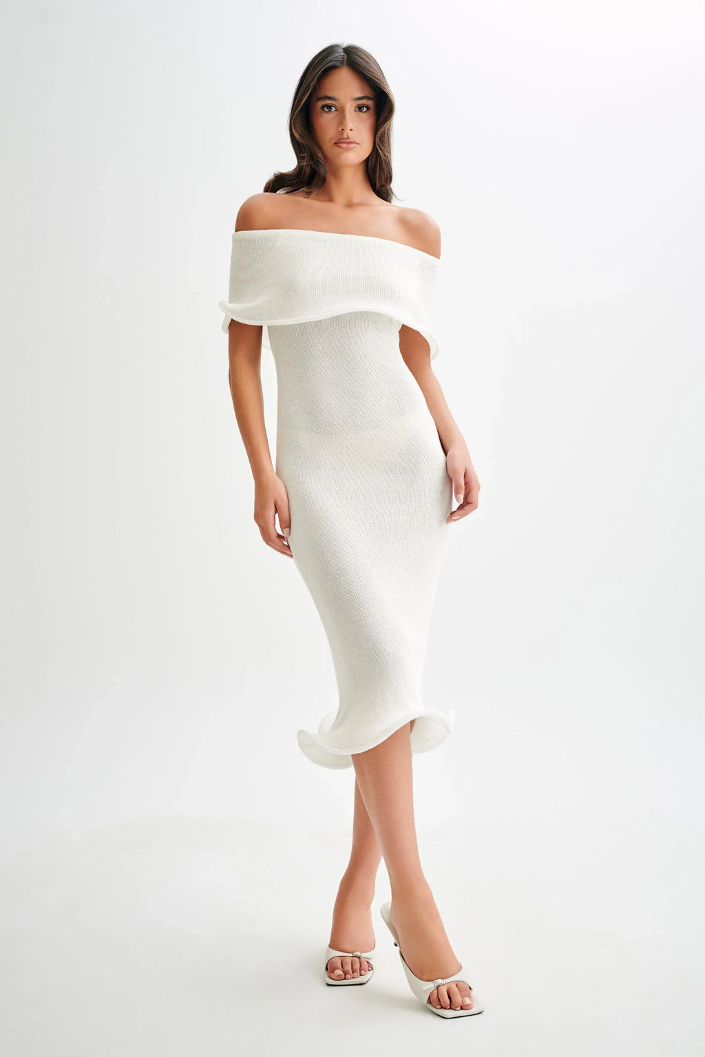 Textured Knit Off-The-Shoulder Midi Dress Women UK – Wedding Guest Garden Party Evening Gown, Cocktail