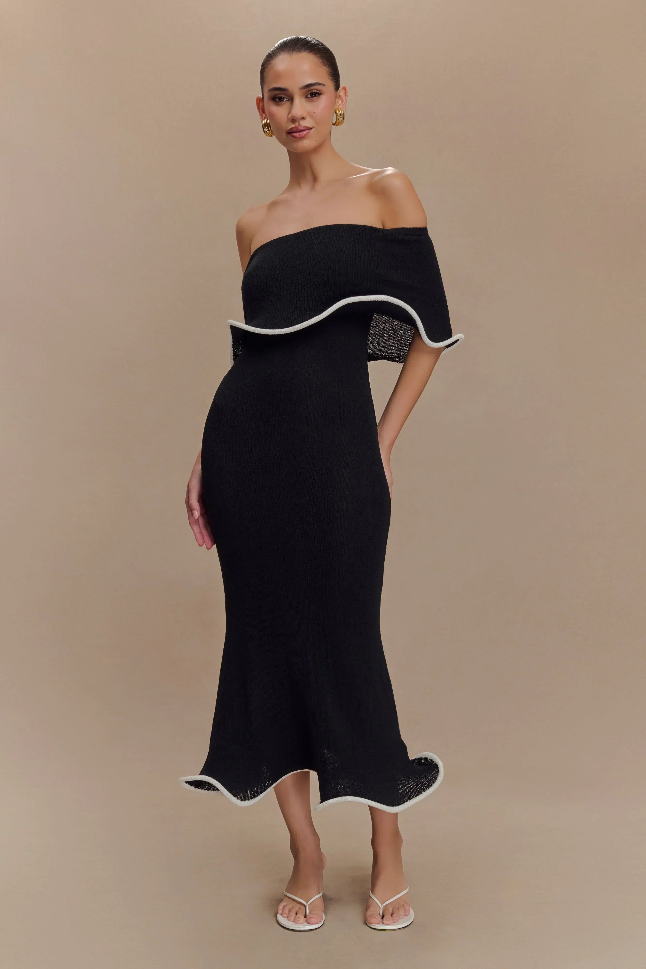 Textured Knit Off-The-Shoulder Midi Dress Women UK – Wedding Guest Garden Party Evening Gown, Cocktail