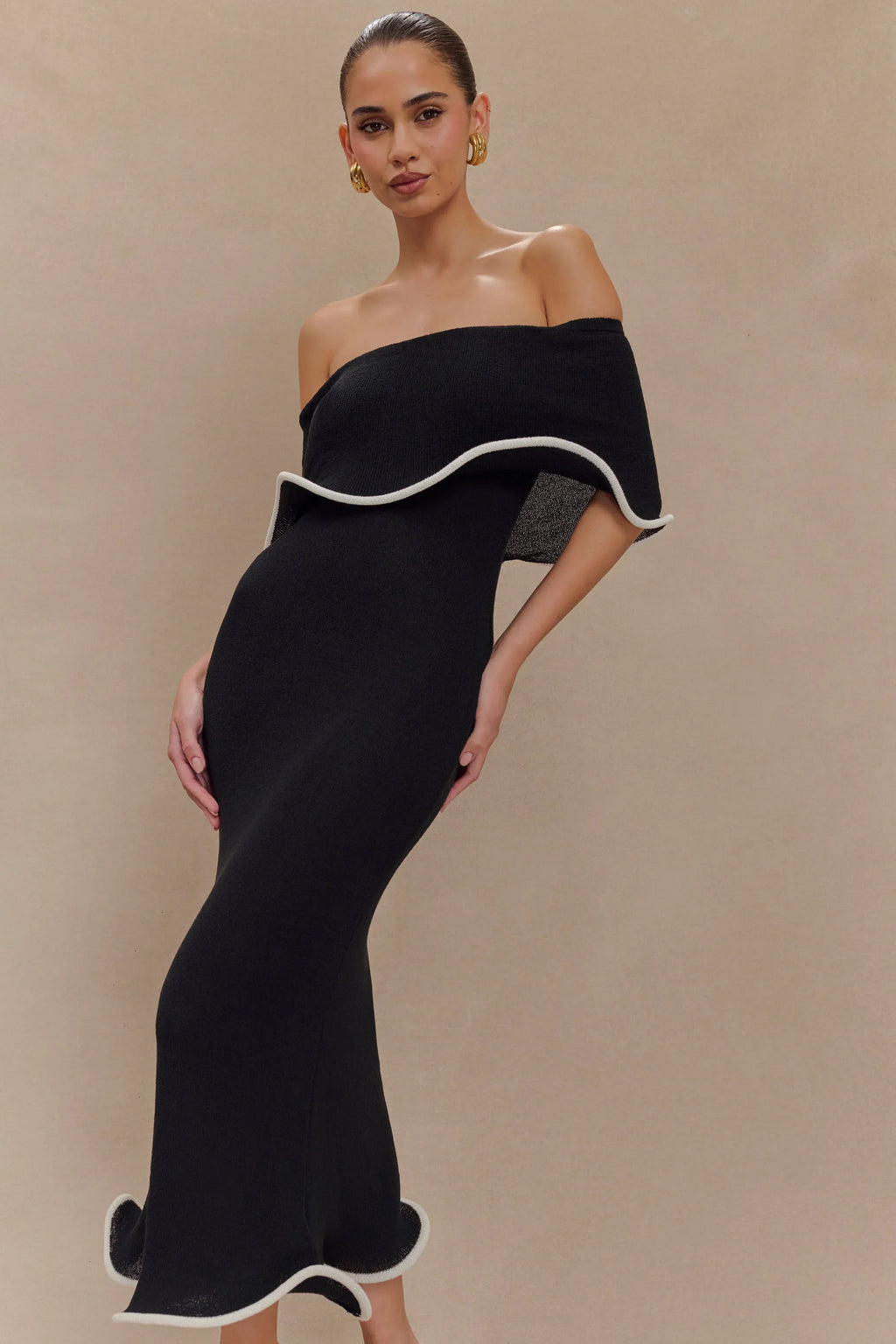 Textured Knit Off-The-Shoulder Midi Dress Women UK – Wedding Guest Garden Party Evening Gown, Cocktail