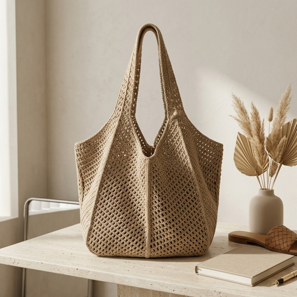 Hollow-Out Knitted Tote Bag UK – Sustainable Material Eco-Friendly Fashion Accessory, Smart Casual Office Wear
