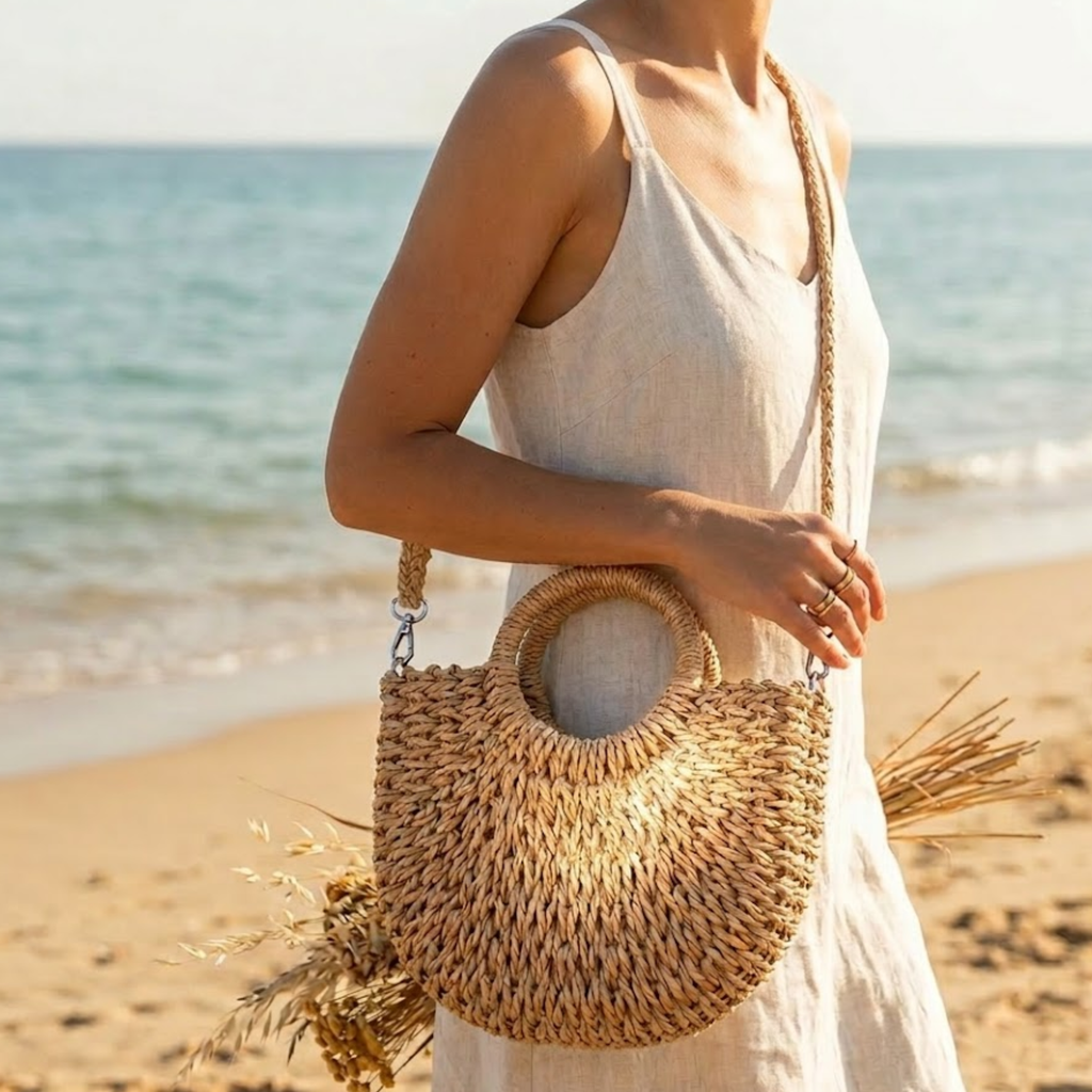 Handmade Moon-Shaped Straw Beach Tote Women UK – Eco-Friendly Summer Bag, Holiday Outfit Resort Wear