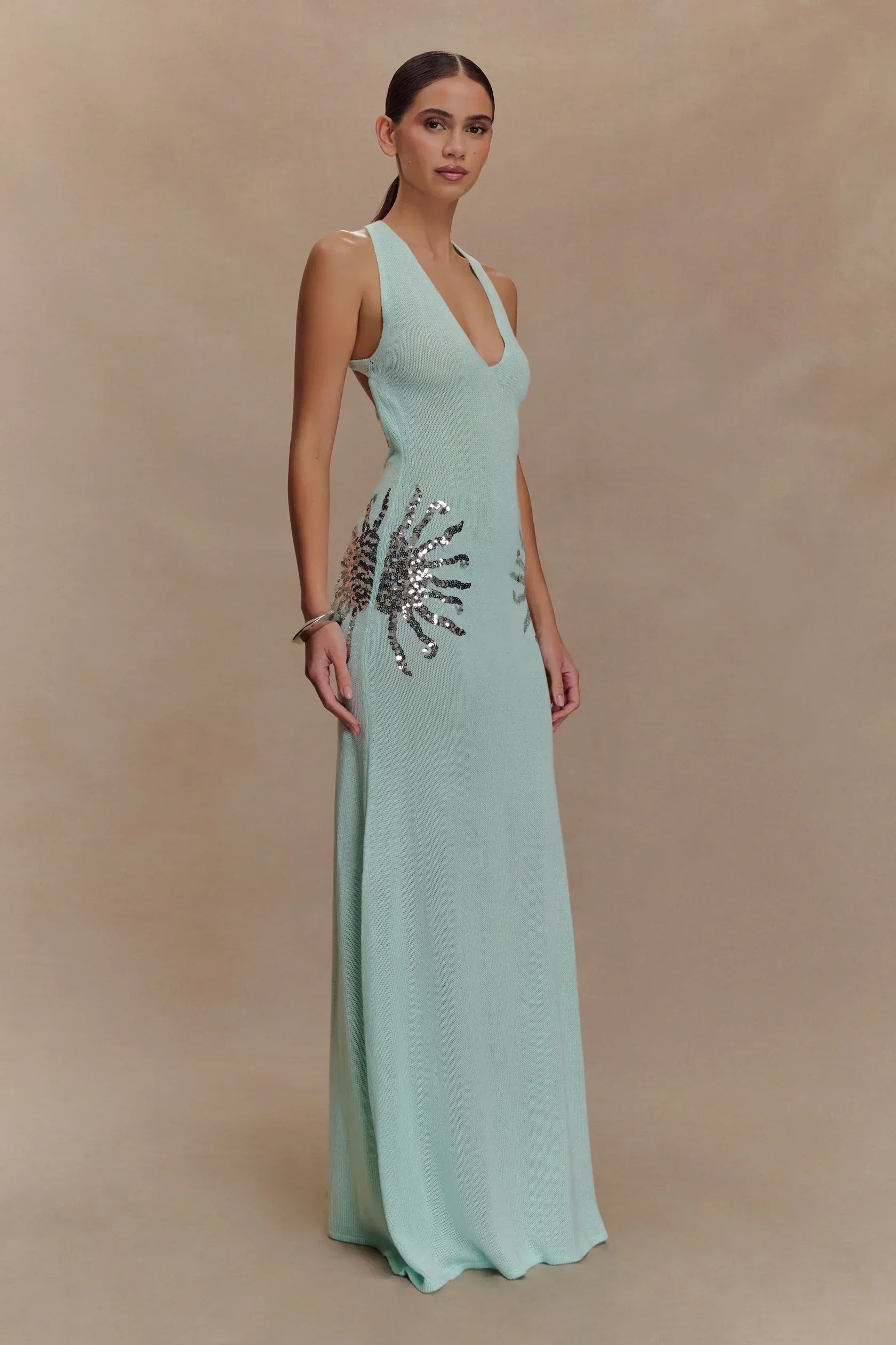 Sequin Plunging Open-Back Maxi Dress Women UK – Evening Gown, Cocktail Event