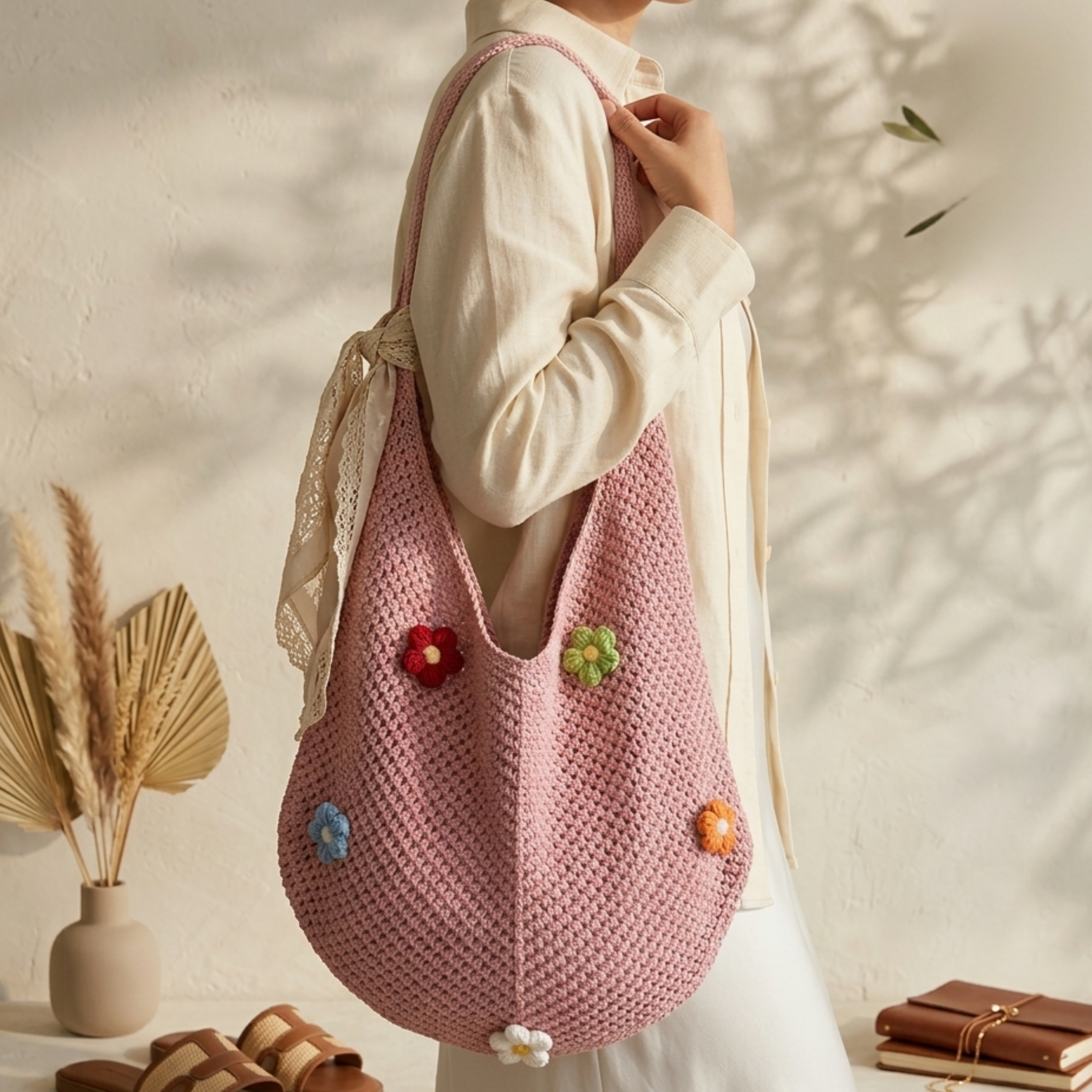 Mini Blossom Knitted Tote Bag UK – Sustainable Fashion Accessory, Smart Casual Office Wear