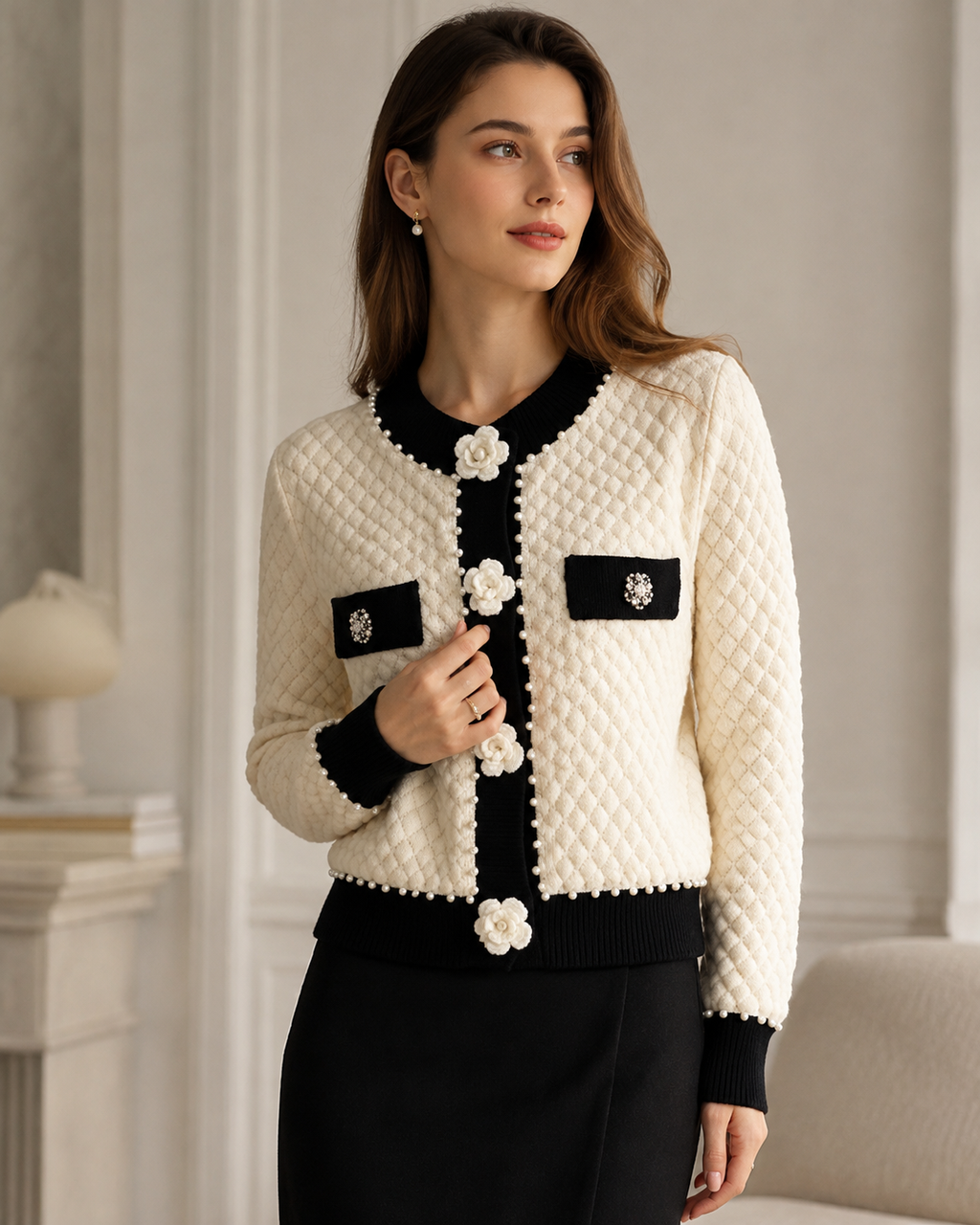 Everyday Elegance – Pearl-Adorned Cardigan with Pockets