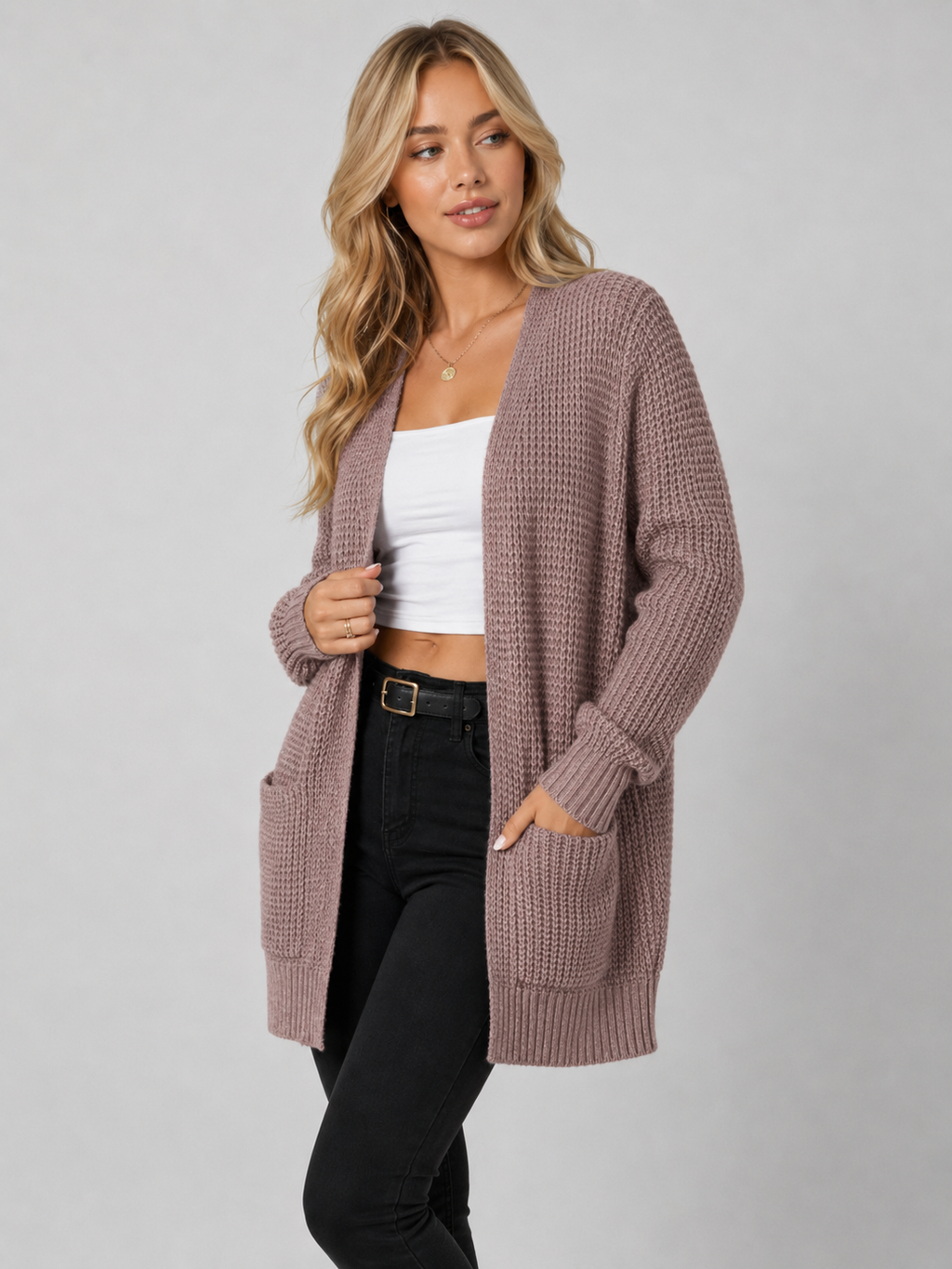 Chilly Evenings Ahead – Soft Waffle-Knit Open-Front Cardigan
