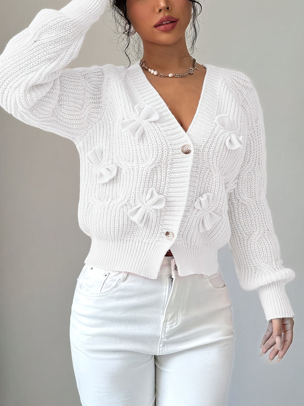 Soft Bow-Detail Long Sleeve Cardigan in Comfortable Knit for Casual Wear