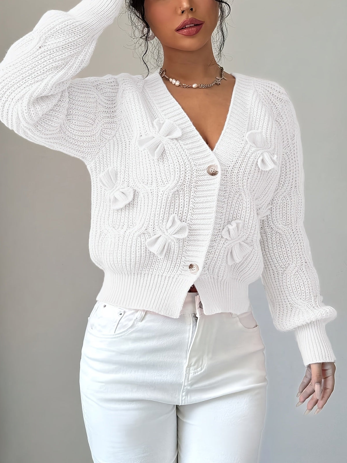 Soft Bow-Detail Long Sleeve Cardigan in Comfortable Knit for Casual Wear