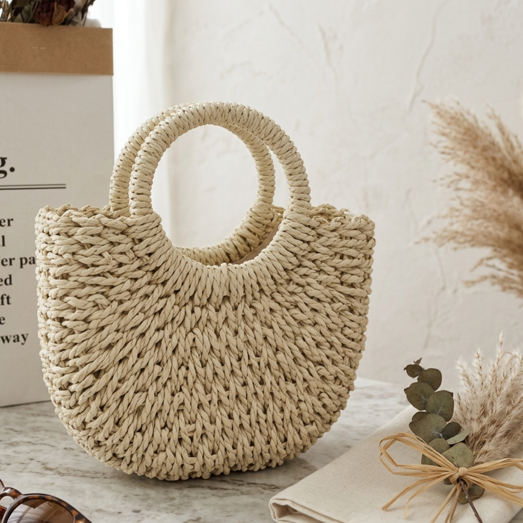 Wicker Half-Circle Tote Handbag Women UK – Eco-Friendly Fashion Accessory, Smart Casual Holiday Wear