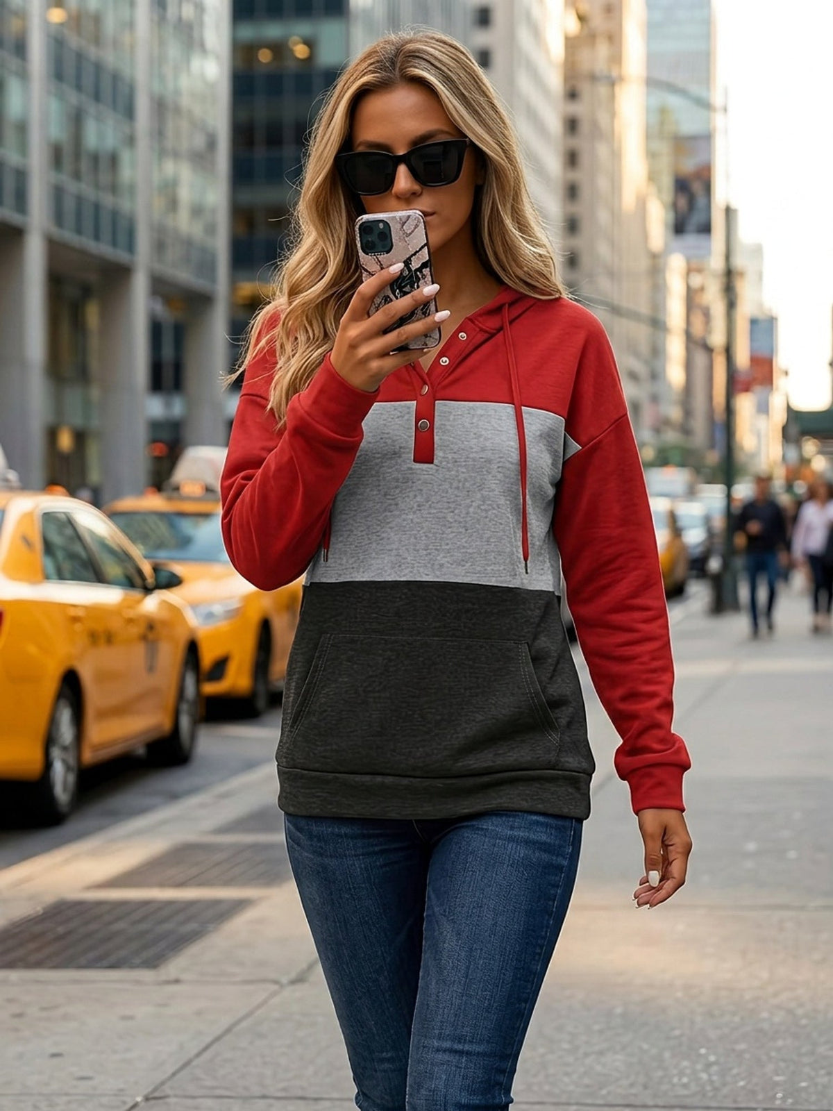 Color Block Button-Neck Hoodie | Cotton Blend | Casual Wear for Women
