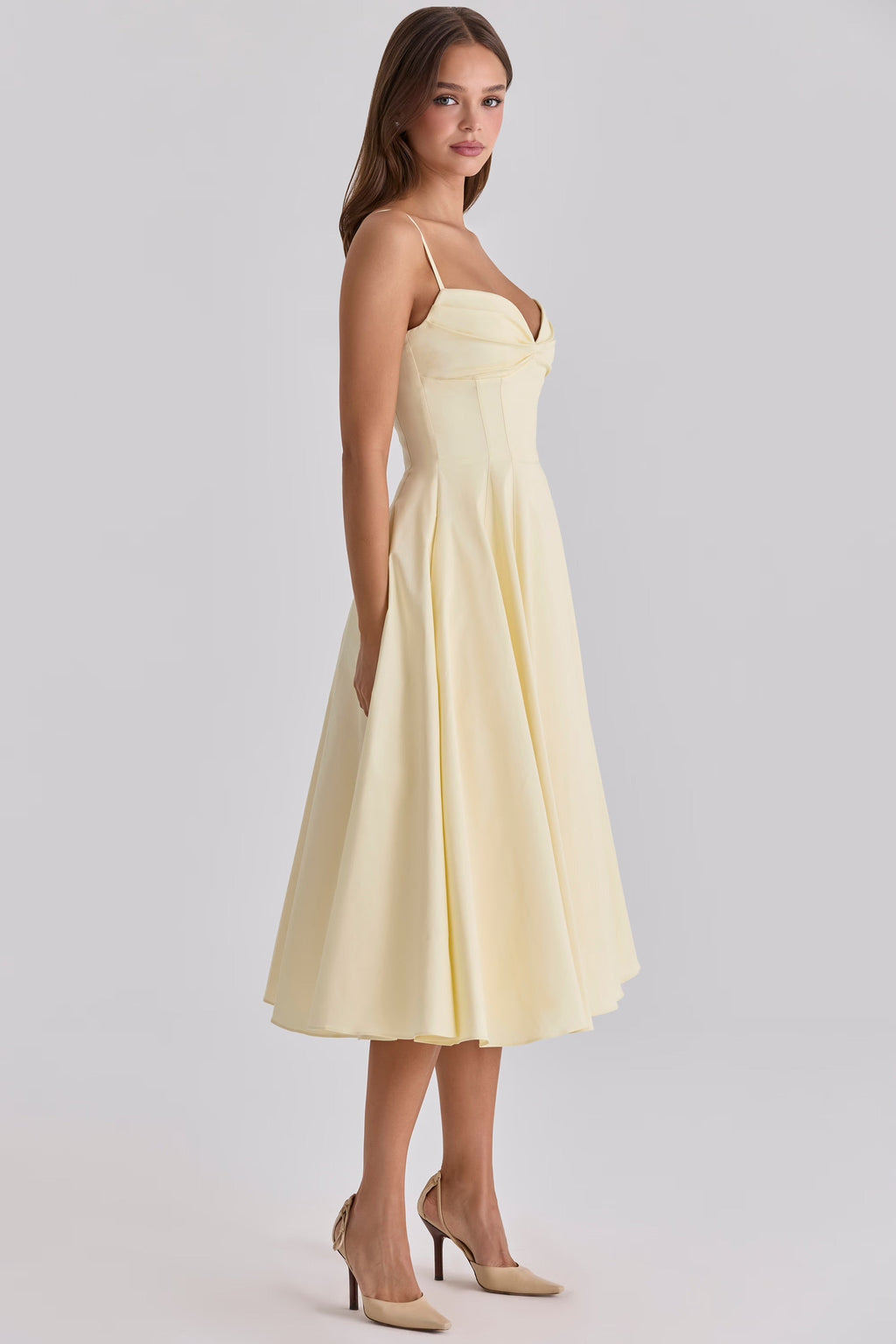 Pima Cotton Gathered Bust Midi Dress Women UK – Wedding Guest Garden Party Evening Gown, Cocktail Attire