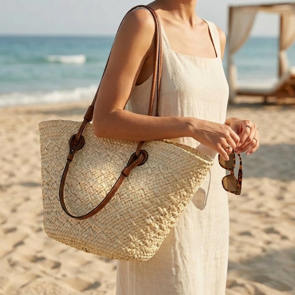 Rattan Wicker Summer Tote Bag Women UK – Handcrafted Sustainable Beach Bag, Holiday Outfit & Resort Wear